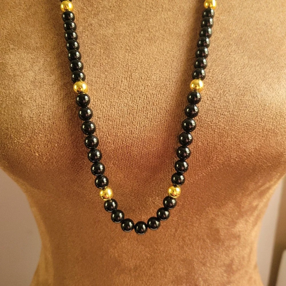 Vintage Trifari Black Gold Tone Beaded Opera Length Necklace 30